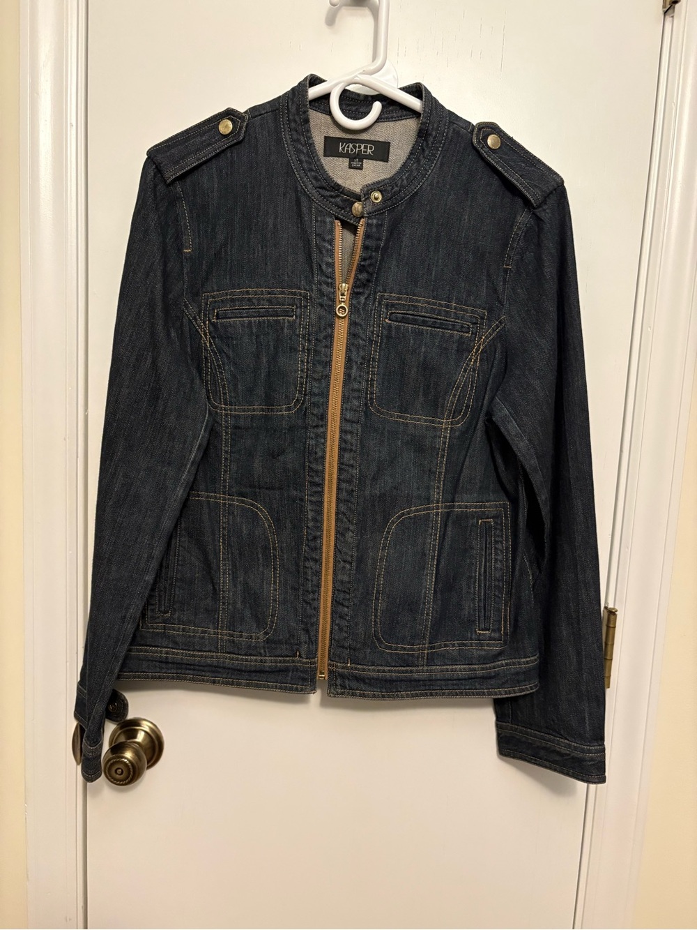 Kasper Dark Blue Denim Zip Jacket with Brown Contrast Stitching